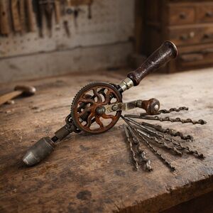 Antique Hand Crank Drill 14” Red Gear Wood Handles Metal Tool W/ 8 Auger Bits